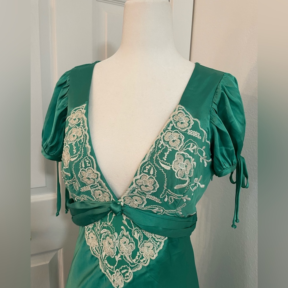 Free People Emerald Green Satin Maxi Dress with Embroidered Bodice - Picture 5 of 10
